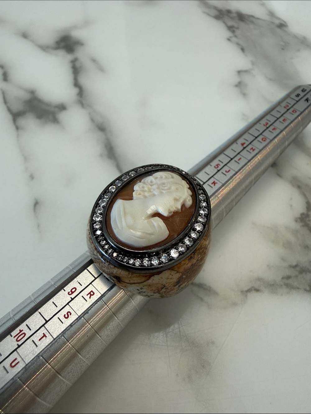 Amedeo NYC hand-carved shell cameo ring with crystals